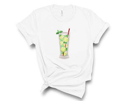 Mojito cocktail graphic is printed on a white t-shirt.