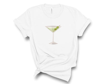 Martini cocktail with olives graphic is printed on a white tee shirt.