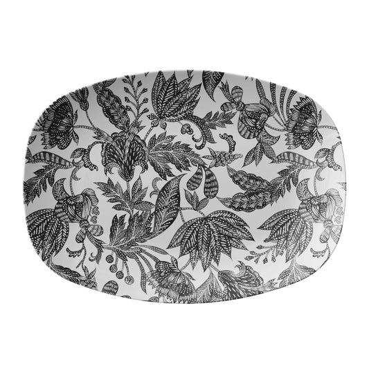 Floral Batik Serving Platter, Black and White, Luxury Thermosaf Plastic