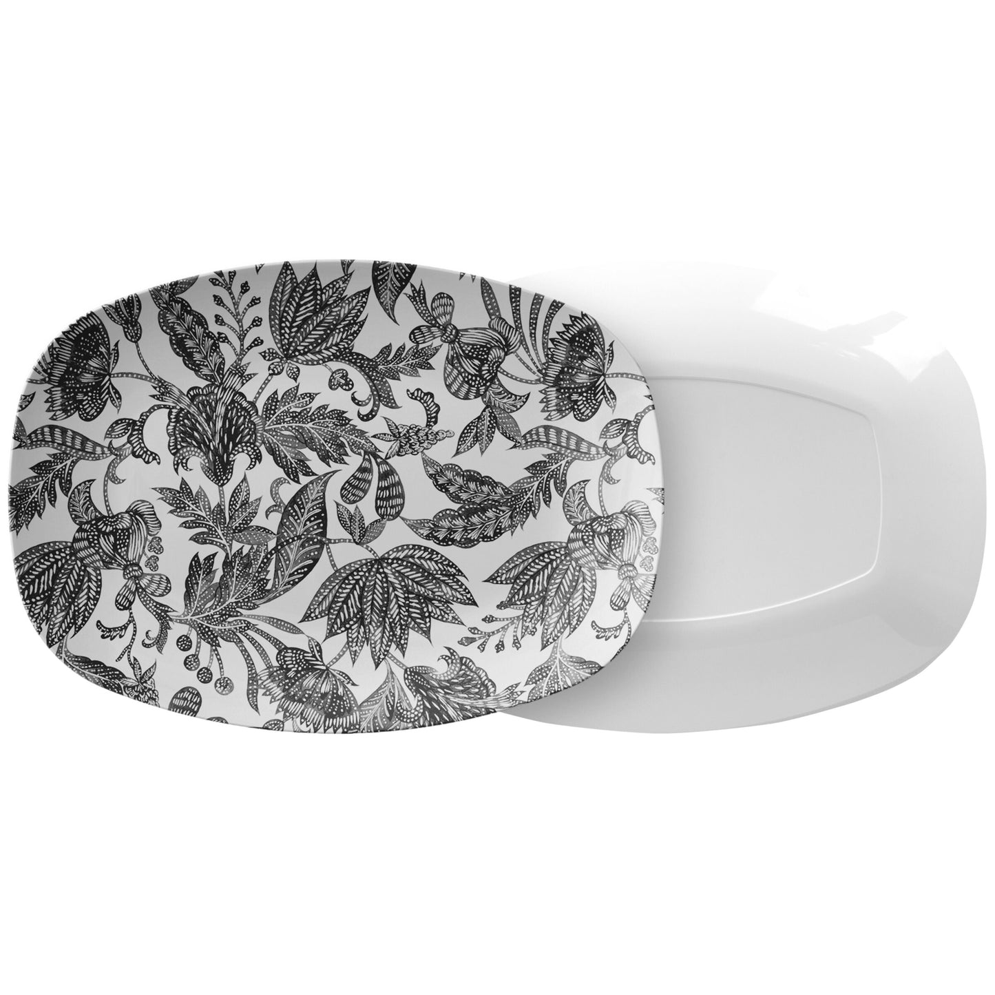 Floral Batik Serving Platter, Black and White, Luxury Thermosaf Plastic