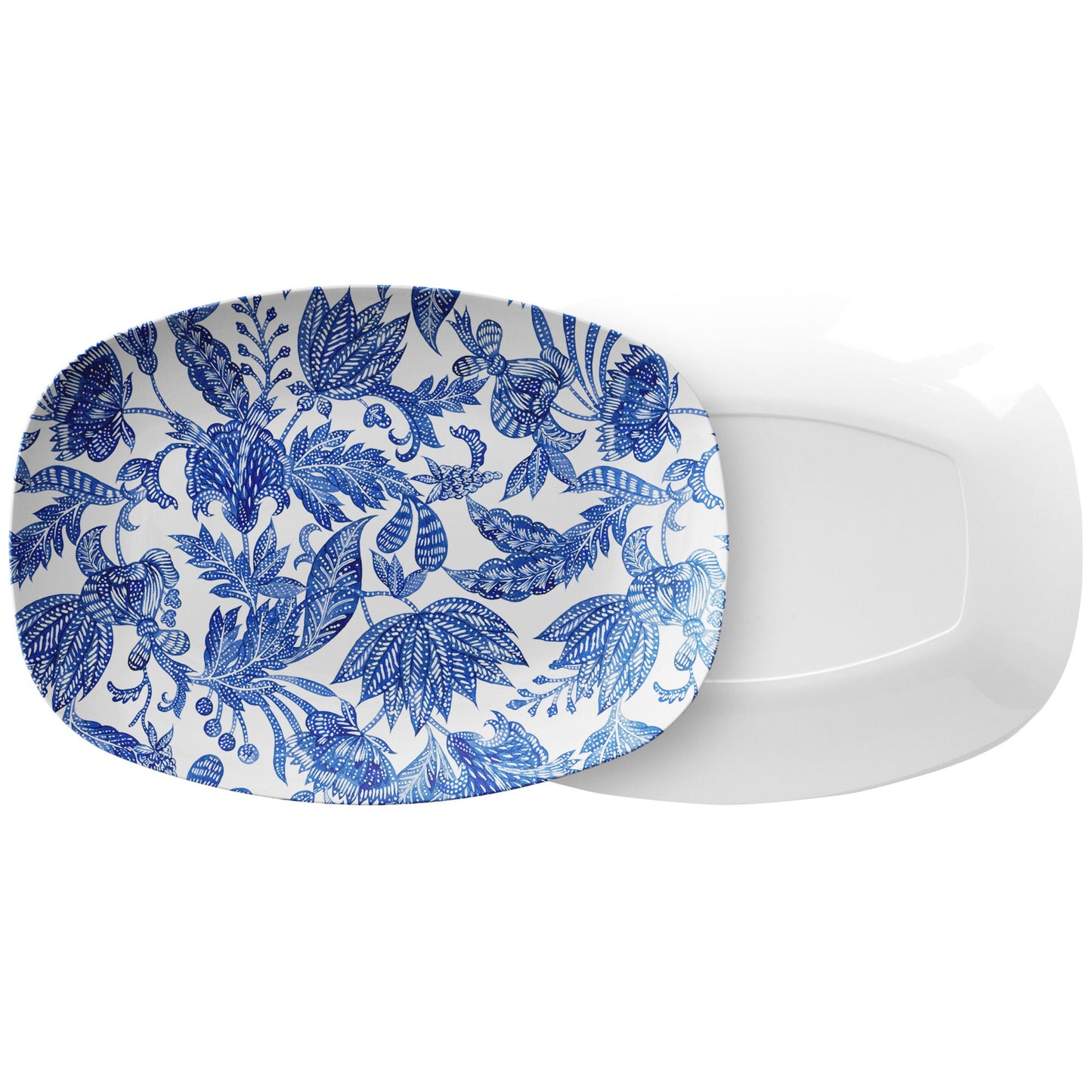 Floral Batik Serving Platter, Blue and White, Luxury Thermosaf Plastic