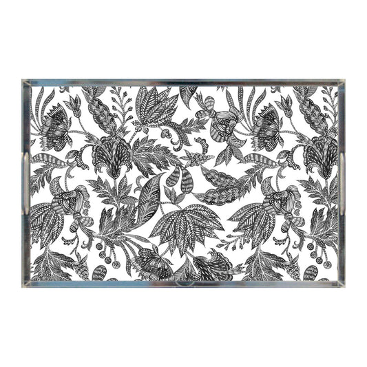 Floral Batik Acrylic Tray, Black & White, 11" X 17"
