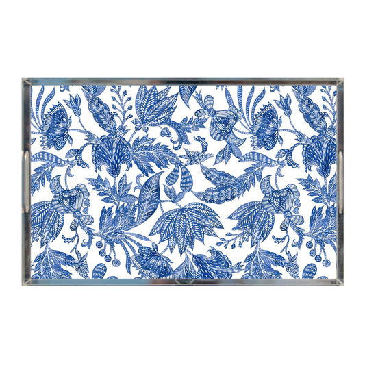Floral Batik Acrylic Tray, Indigo Blue & White, 11" X 17"