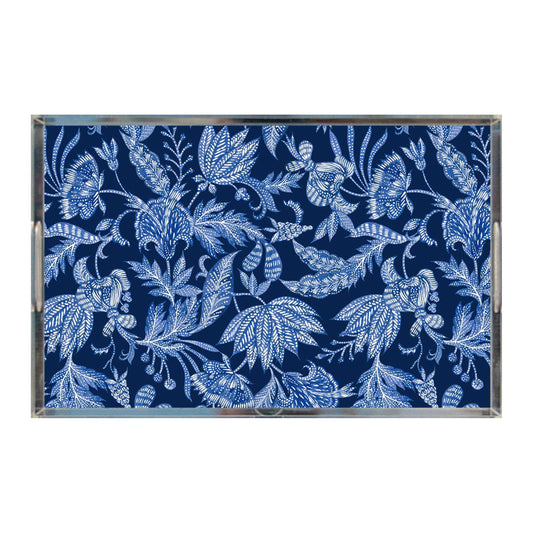 Floral Batik Acrylic Tray, Indigo Blue & Navy, 11" X 17"