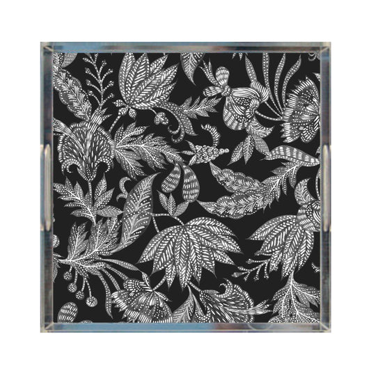 Floral Batik Acrylic Tray, Black & Grey, 12" X 12"