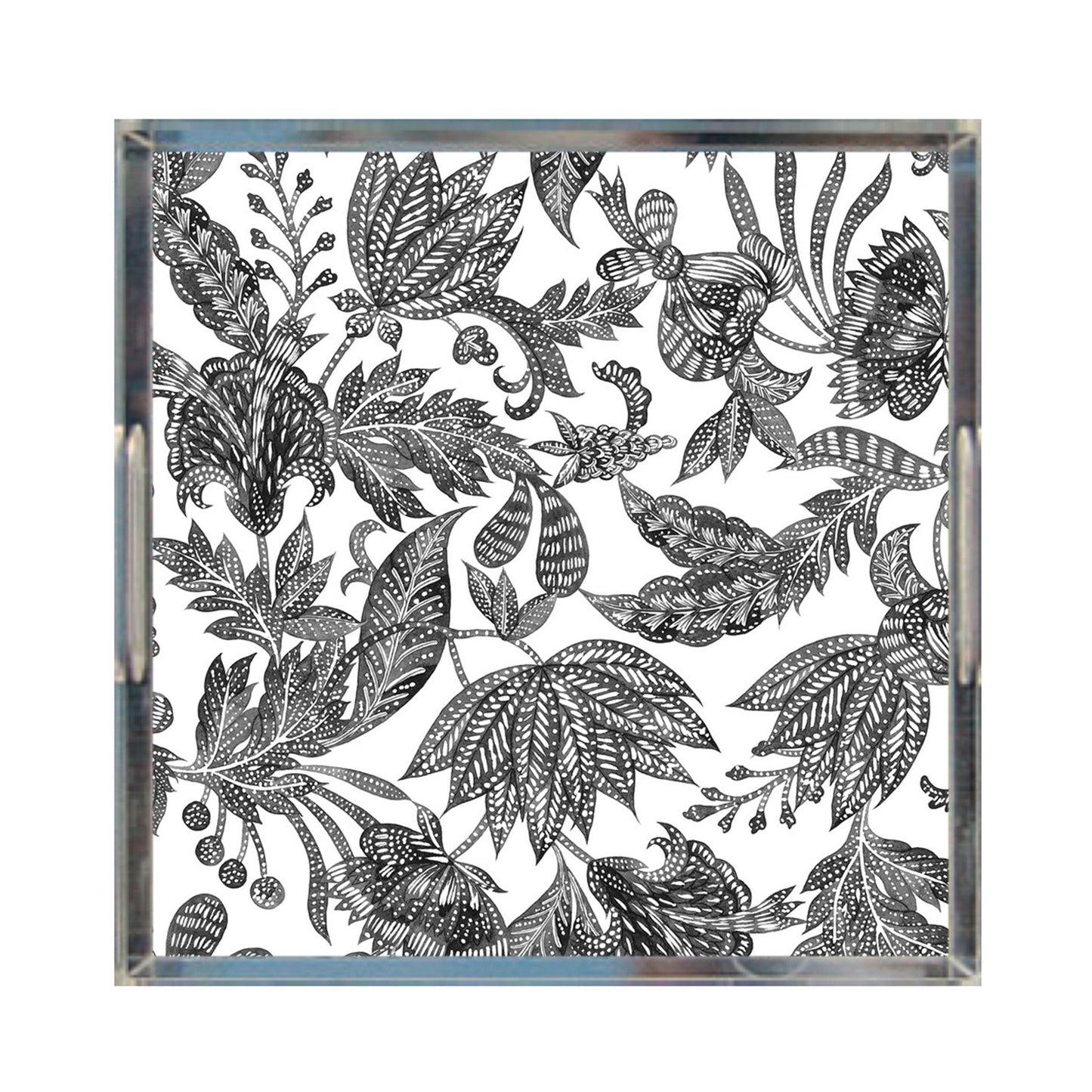 Floral Batik Acrylic Tray, Black & White, 12" X 12"