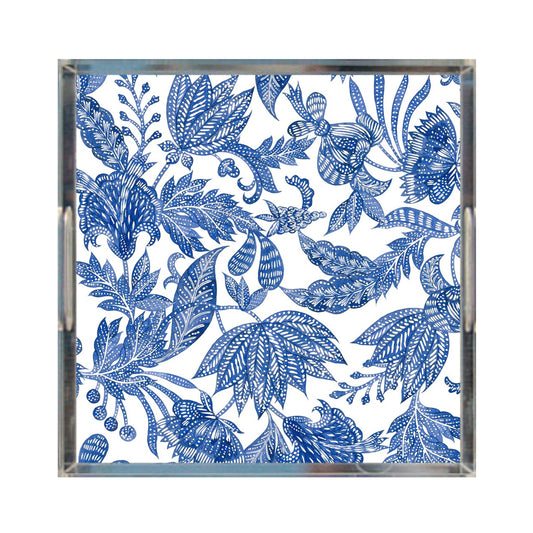 Floral Batik Acrylic Tray, Indigo Blue & White, 12" X 12"