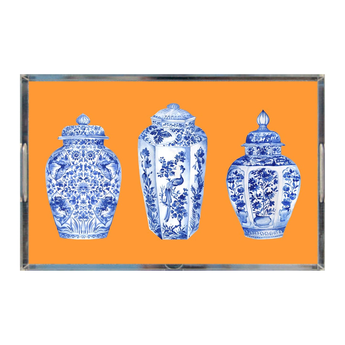 Chinoiserie Tray, Blue and White Ginger Jars Acrylic Tray, 11" x 17", Orange