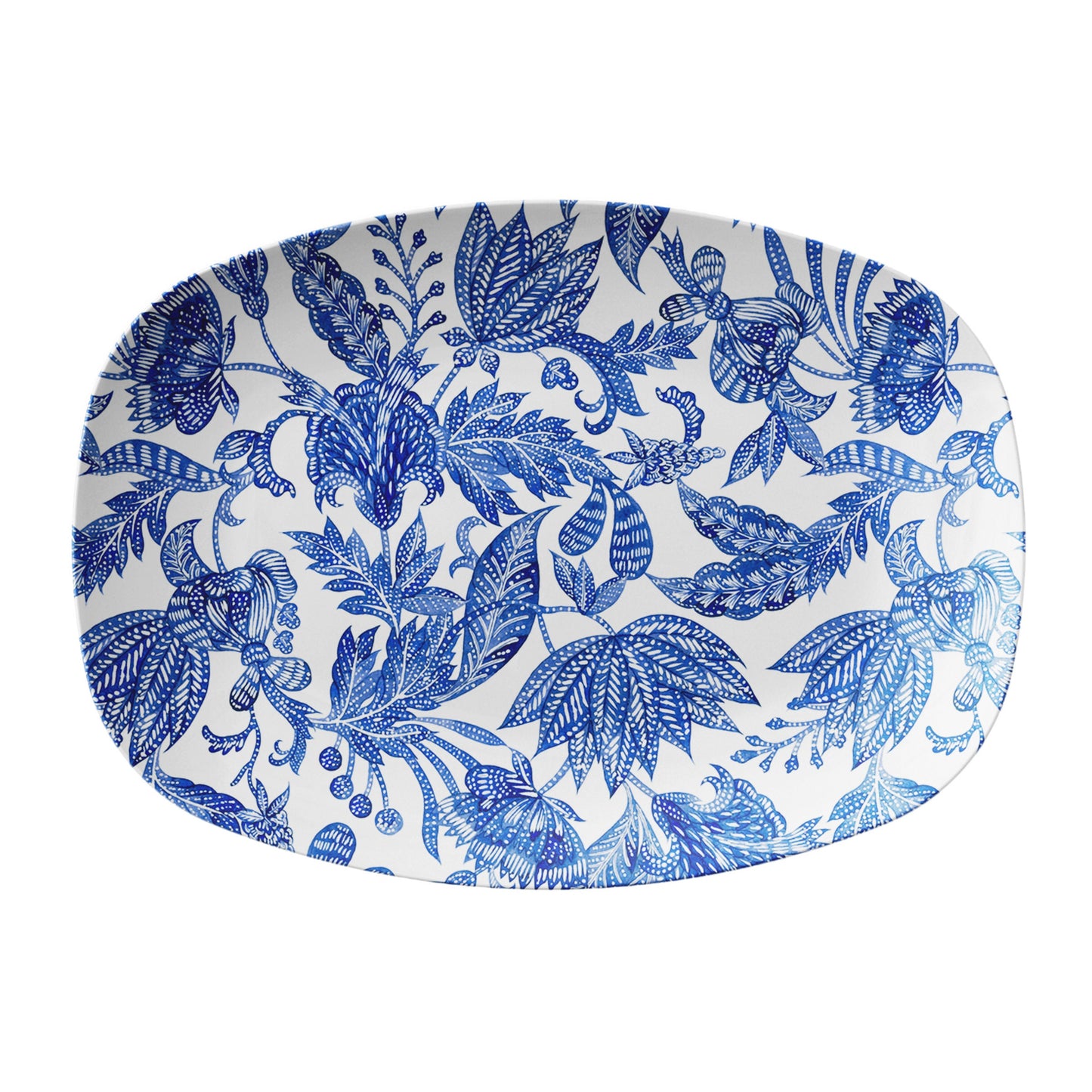 Floral Batik Serving Platter, Blue and White, Luxury Thermosaf Plastic
