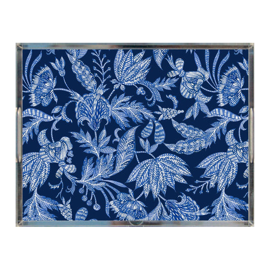 Floral Batik Acrylic Tray, Indigo Blue & Navy, 8.5" X 11"