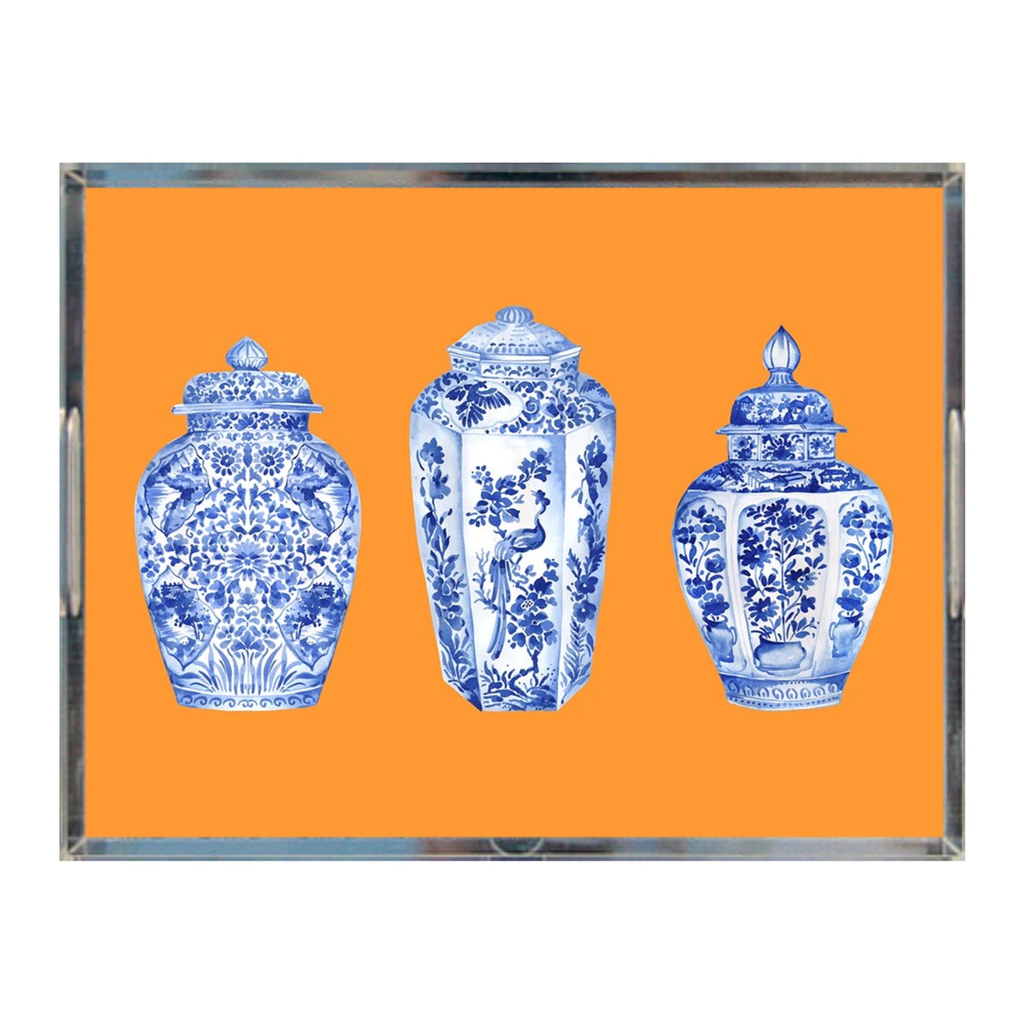 Chinoiserie Tray, Ginger Jars Acrylic Tray, 8.5" X 11", Blue, White, Orange