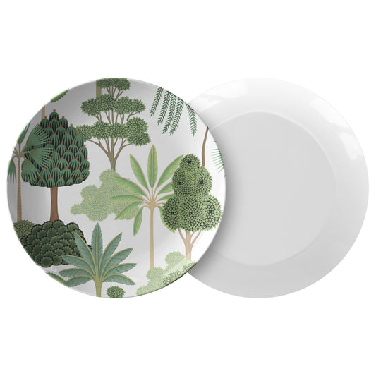 Tropical Trees Plates, Set of 4, White & Green, Microwave Safe Plastic Plates