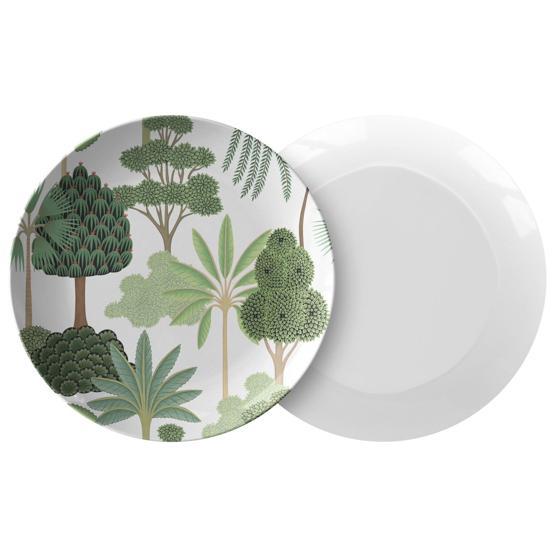 plastic plates for plants Tropical Trees Plates, White & Green, Microwave Safe Plastic Plates, C – Multi Chic