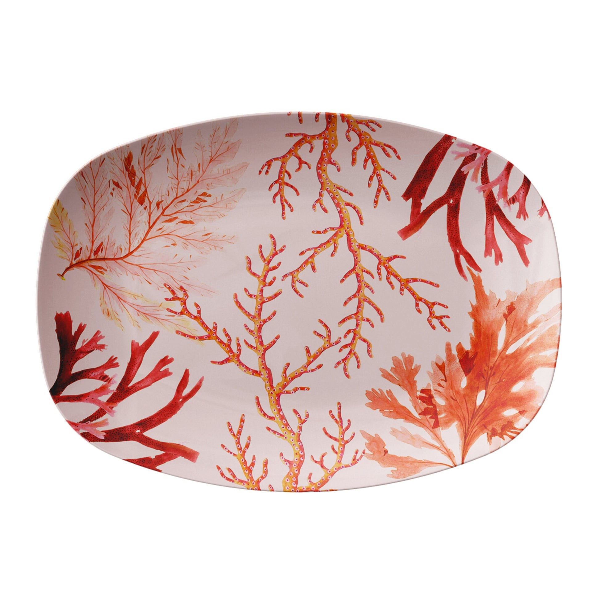 Oceanic nautical serving platter with tropical pink orange and red sea coral print. Palm Beach decor