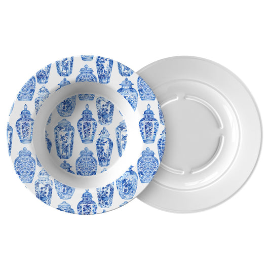 Chinoiserie Ginger Jar Bowls, Set of 4, Blue & White, Luxury Thermosaf Plastic