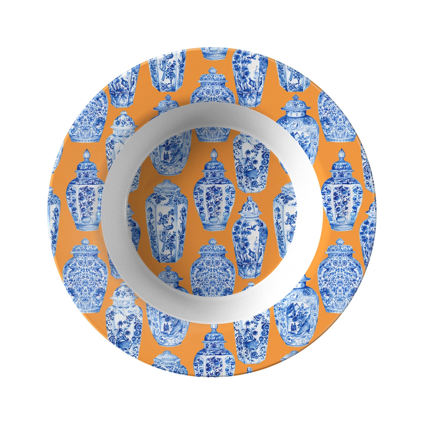 Chinoiserie Ginger Jar Bowls, Set of 4, Orange & Blue, Luxury Thermosaf Plastic