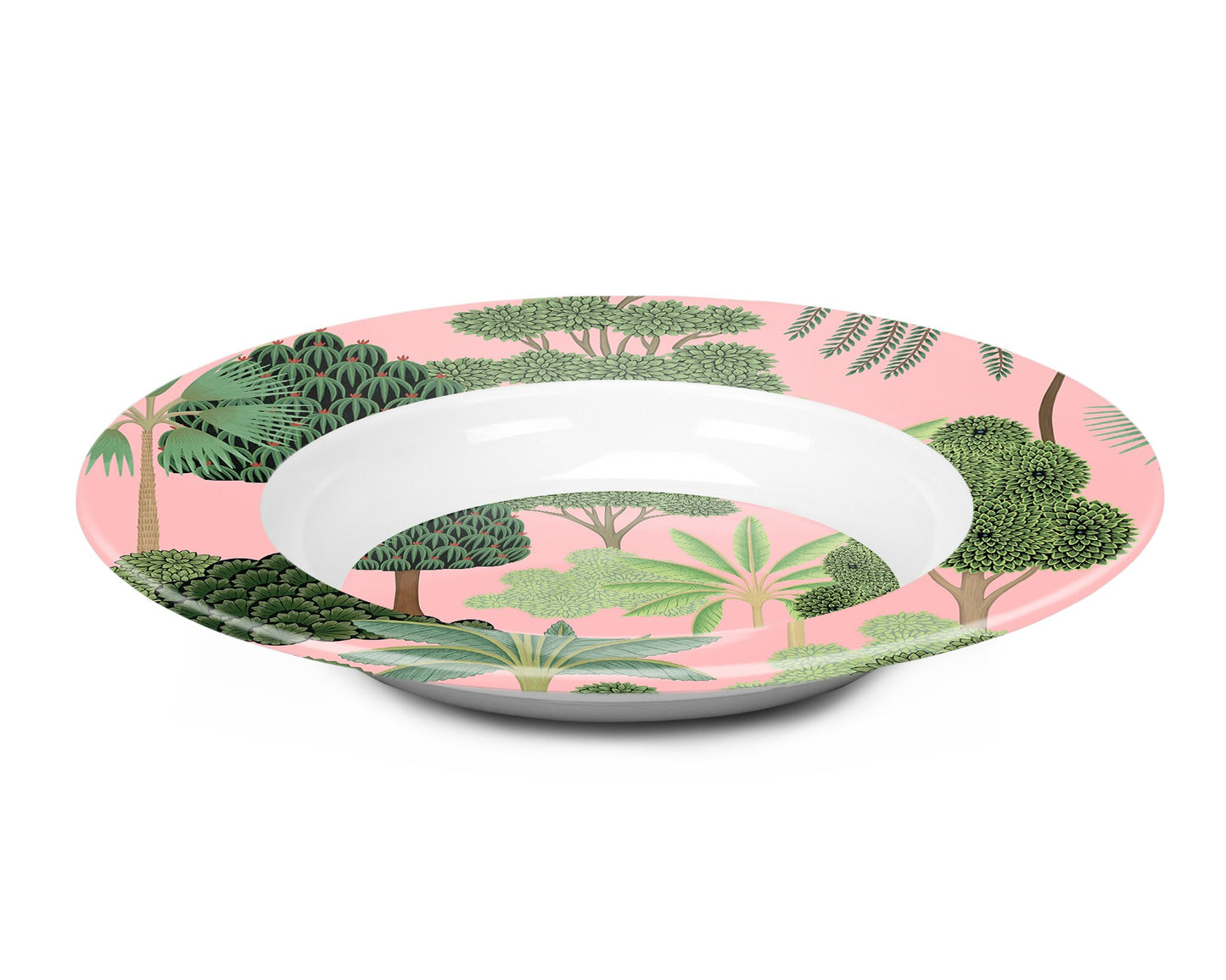 Tropical Trees Luxury Plastic Bowls Set of 4, Pink and Green Mughal Garden Palm Tree Print