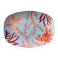 Marine blue serving platter with tropical sea coral print in pink red and orange