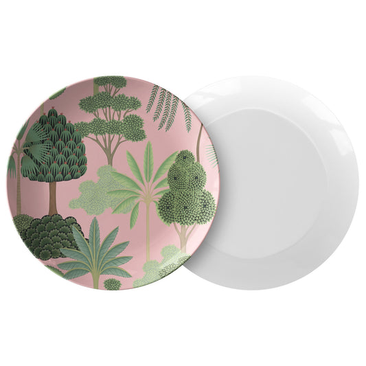 Tropical Trees Plates, Set of 4, Pink & Green, Mughal Gardens, Luxury Thermosaf Plastic