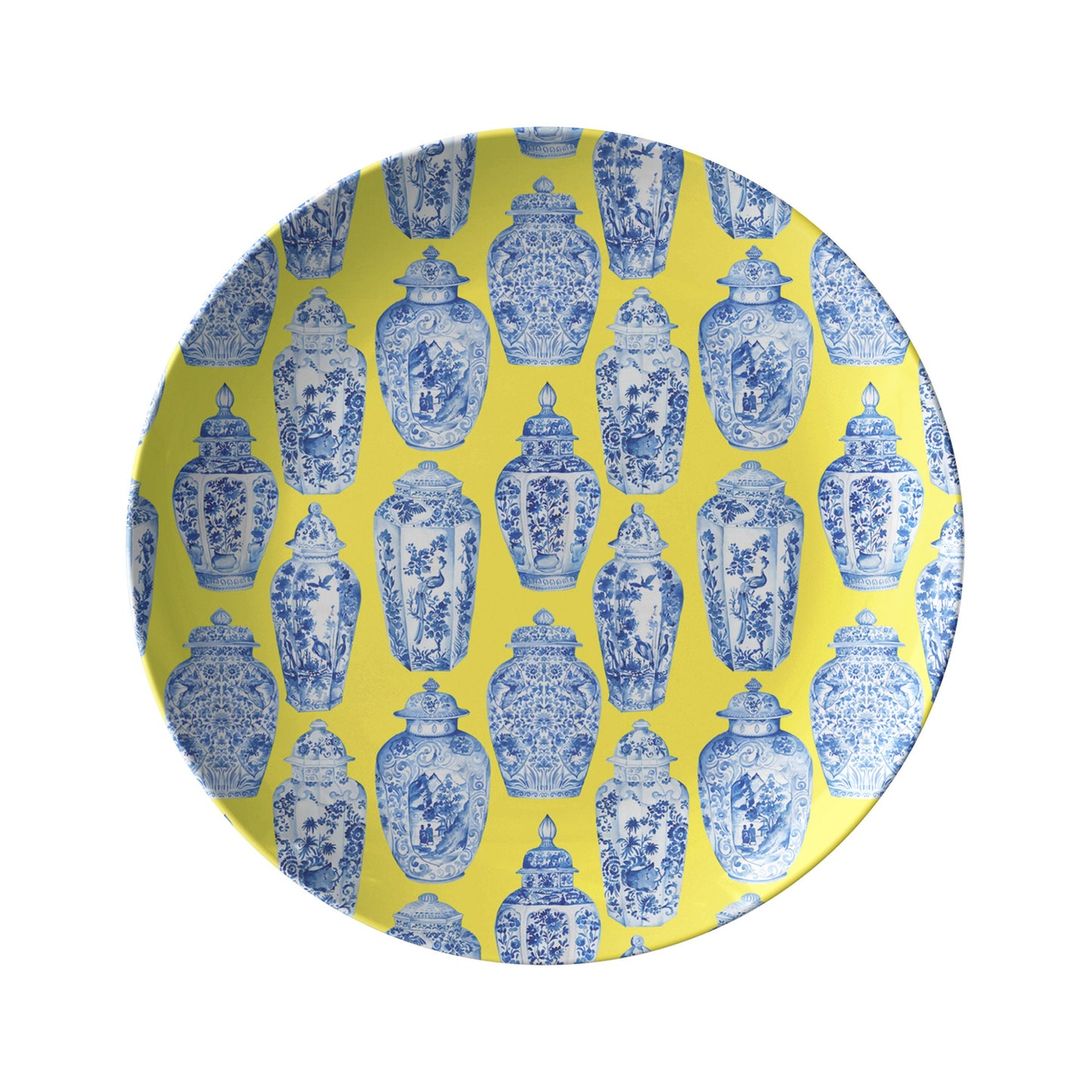 Chinoiserie Ginger Jar Plates, Set of 4, Yellow & Blue, Luxury Thermosaf Plastic