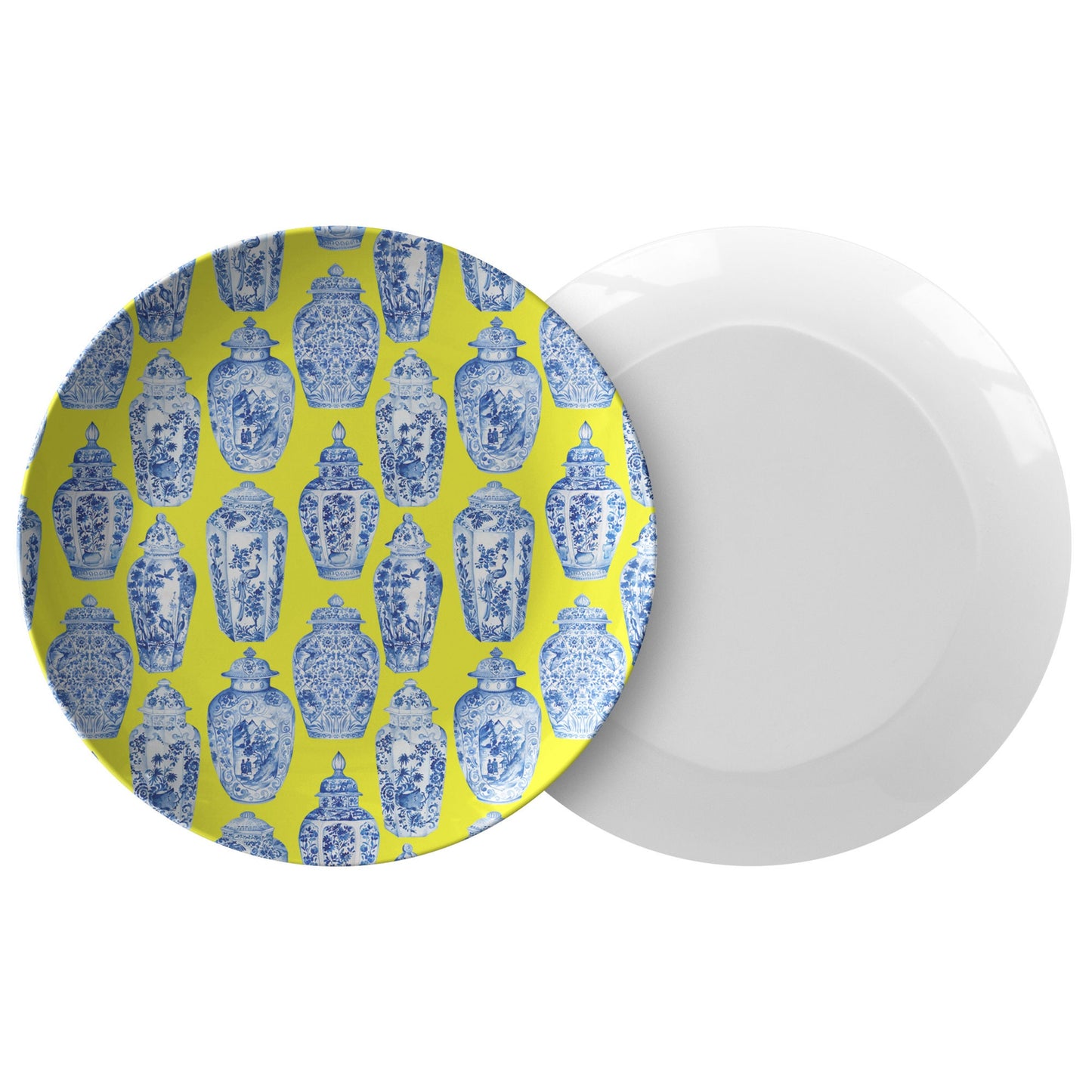 Chinoiserie Ginger Jar Plates, Set of 4, Yellow & Blue, Luxury Thermosaf Plastic