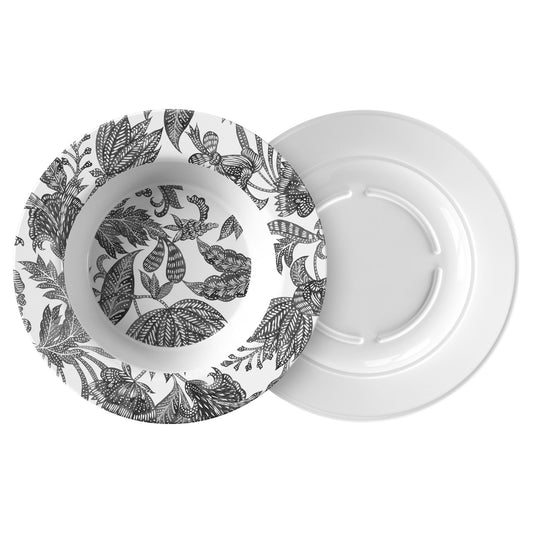 Botanical Bowls, Set of 4, Black and White Batik Print, Luxury Thermosaf Plastic
