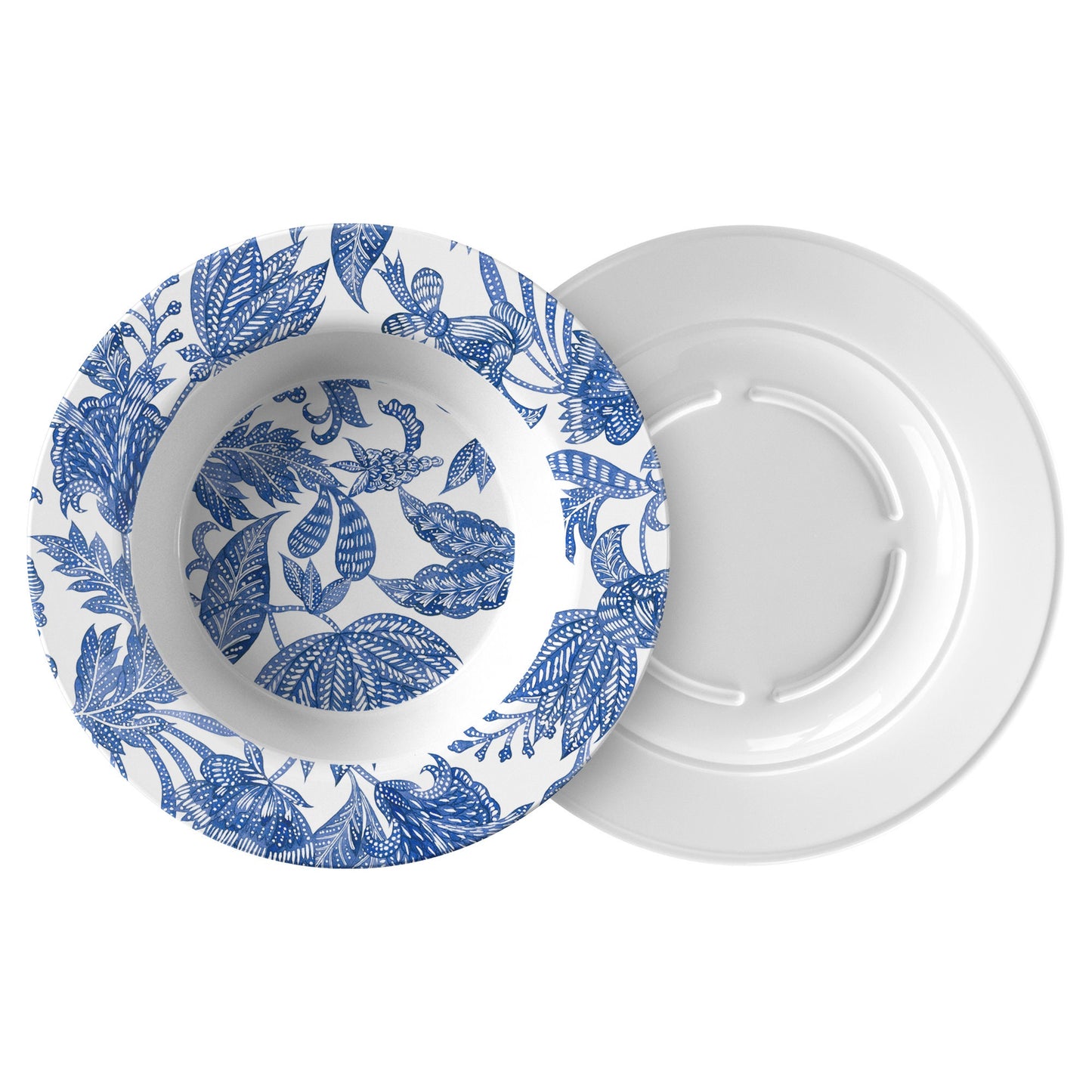 Floral Batik Bowls, Set of 4, Blue & White, Luxury Thermosaf Plastic