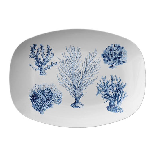 Ocean Coral Serving Platter, Blue & White, Luxury Thermosaf Plastic