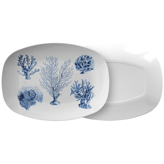 Ocean Coral Serving Platter, Blue & White, Luxury Thermosaf Plastic