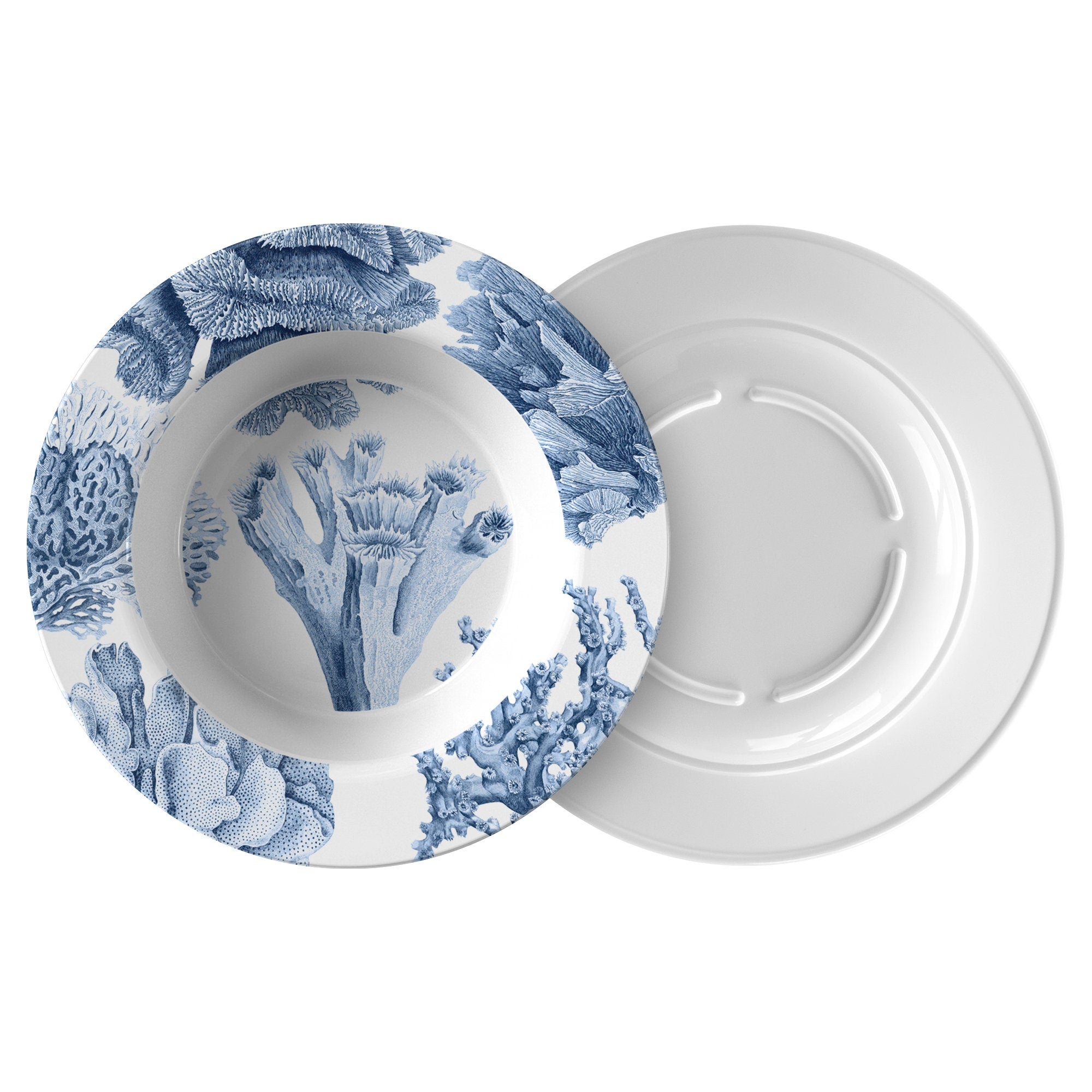 Coral Reef Plates, Set of 4, Blue and White, Ocean Themed Dinnerware, Plastic Plates, Outdoor Plate Set, Thermosaf, Outdoor outlets Dinnerware