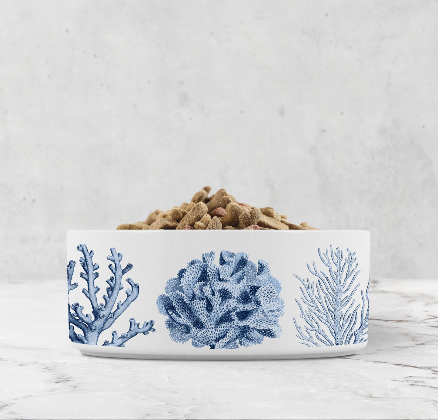 Ocean Coral Pet Bowl, Ceramic, White & Blue