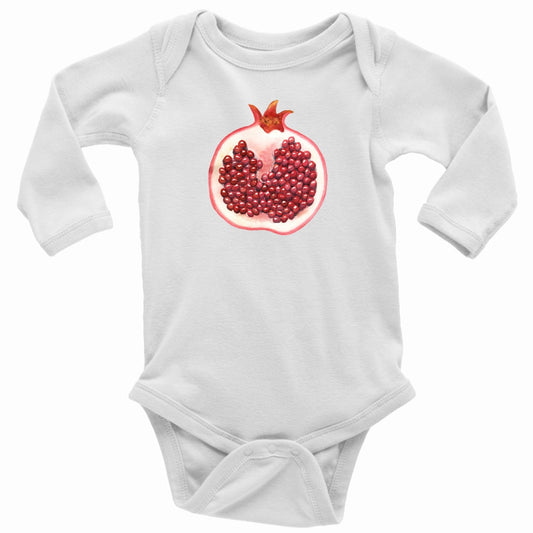 Baby One Piece Pomegranate Fruit Print Shirt, White Long Sleeve