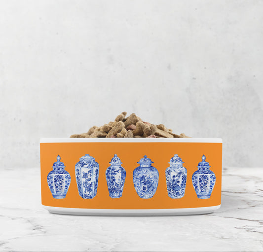 Chinoiserie Ginger Jar Pet Bowl, Ceramic, Orange and Blue