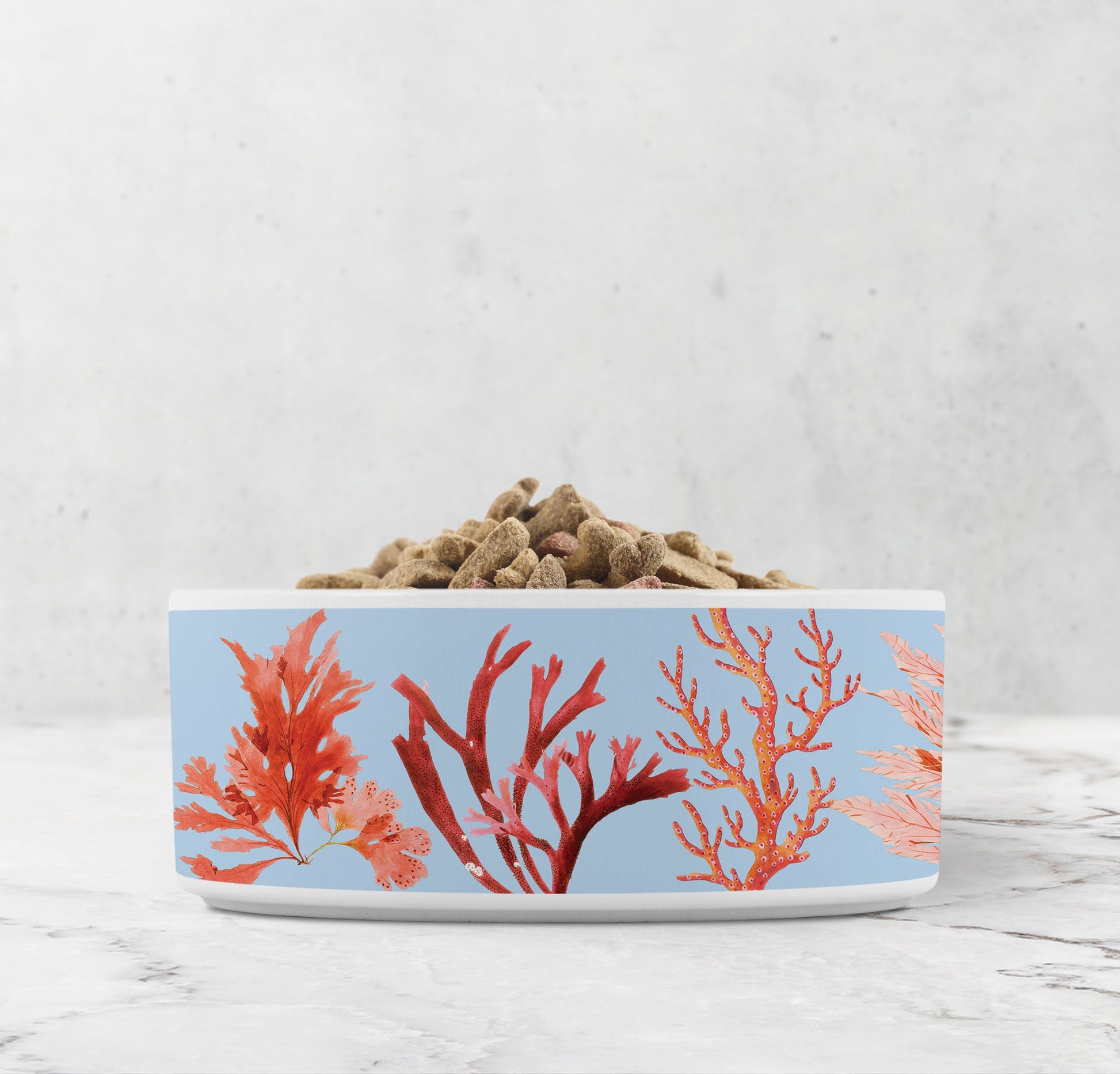 Ocean coral pet bowl in blue, orange, red and pink.