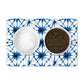 Pet food mat with indigo blue shibori tie dye print for pet food bowls.