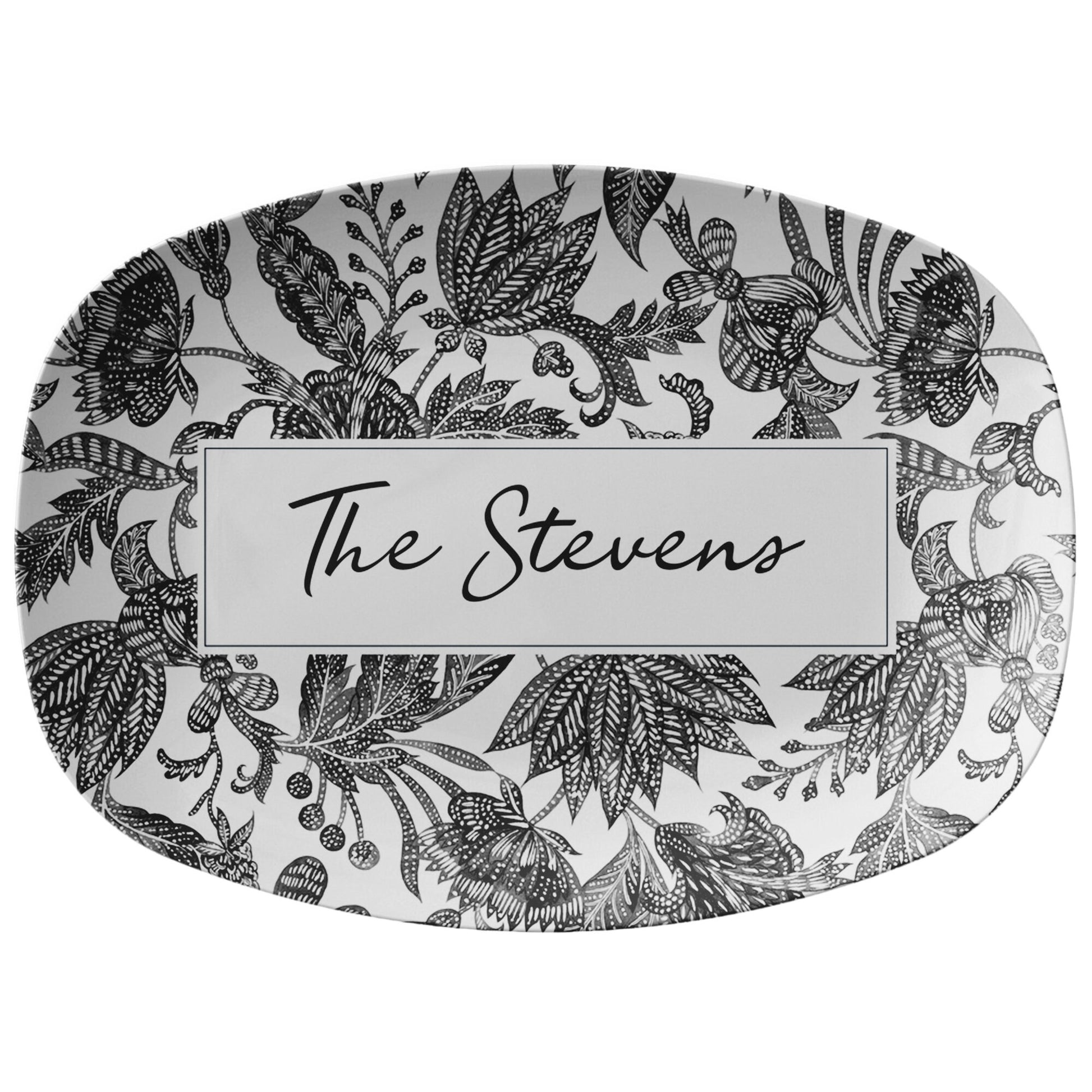 Black, grey and white floral batik pattern printed on luxury plastic platter. Personalize with any name, word or initials. Beautiful and unique gift for the home.