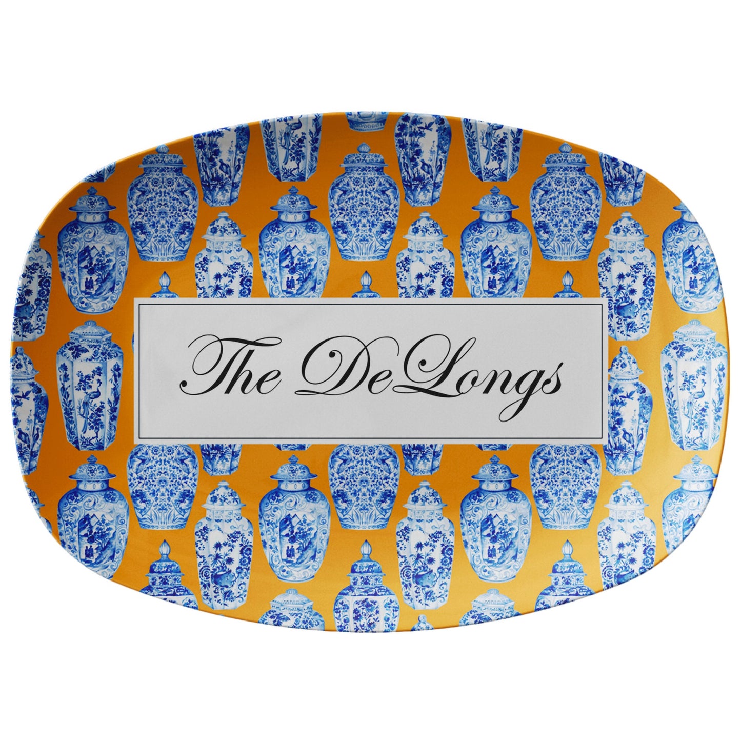 Chinoiserie inspired platter in blue, orange and white has ginger jars printed on it and can be personalized with any name or word.