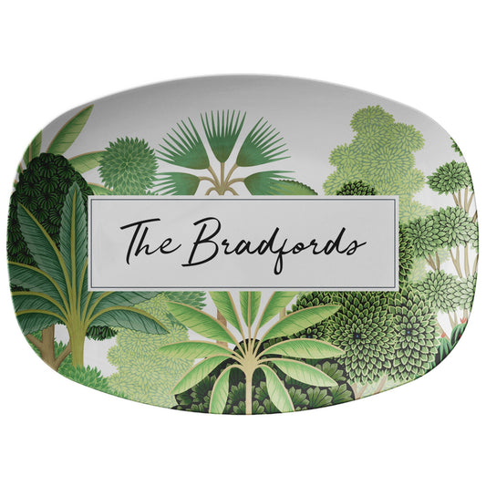 Tropical trees platter in green and white can be personalized with any name or word.