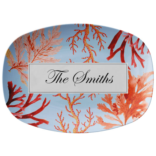 Ocean coral reef serving platter in blue, red, orange and pink can be customized with any name, word or initials.