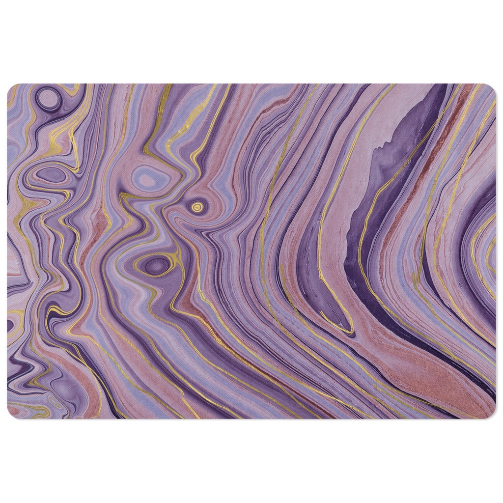Pet food mat with purple agate marble swirled pattern with gold.