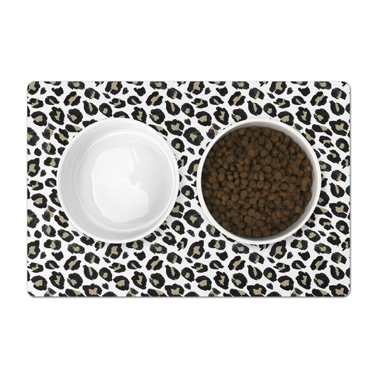 Leopard Animal Print Pet Food Mat under cat and dog food and water bowls.