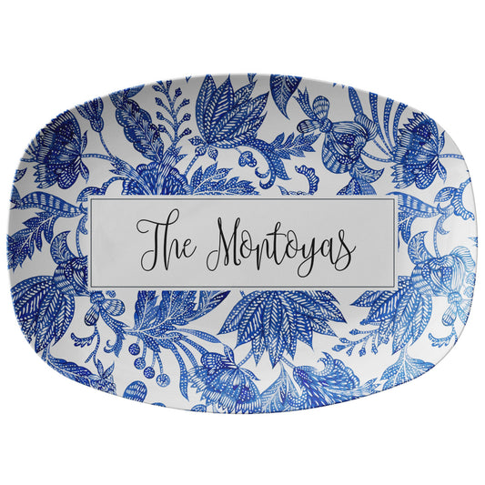 Blue and white floral batik platter personalized with any name or word.
