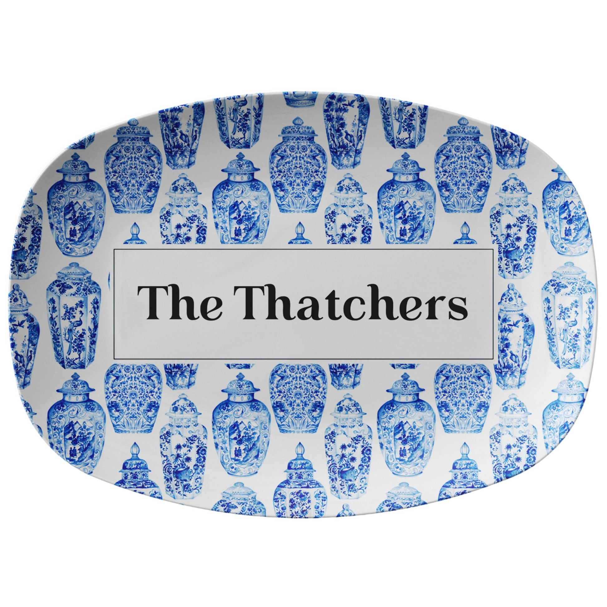 Blue and white ginger jars printed on platter can be personalized with any name or word.