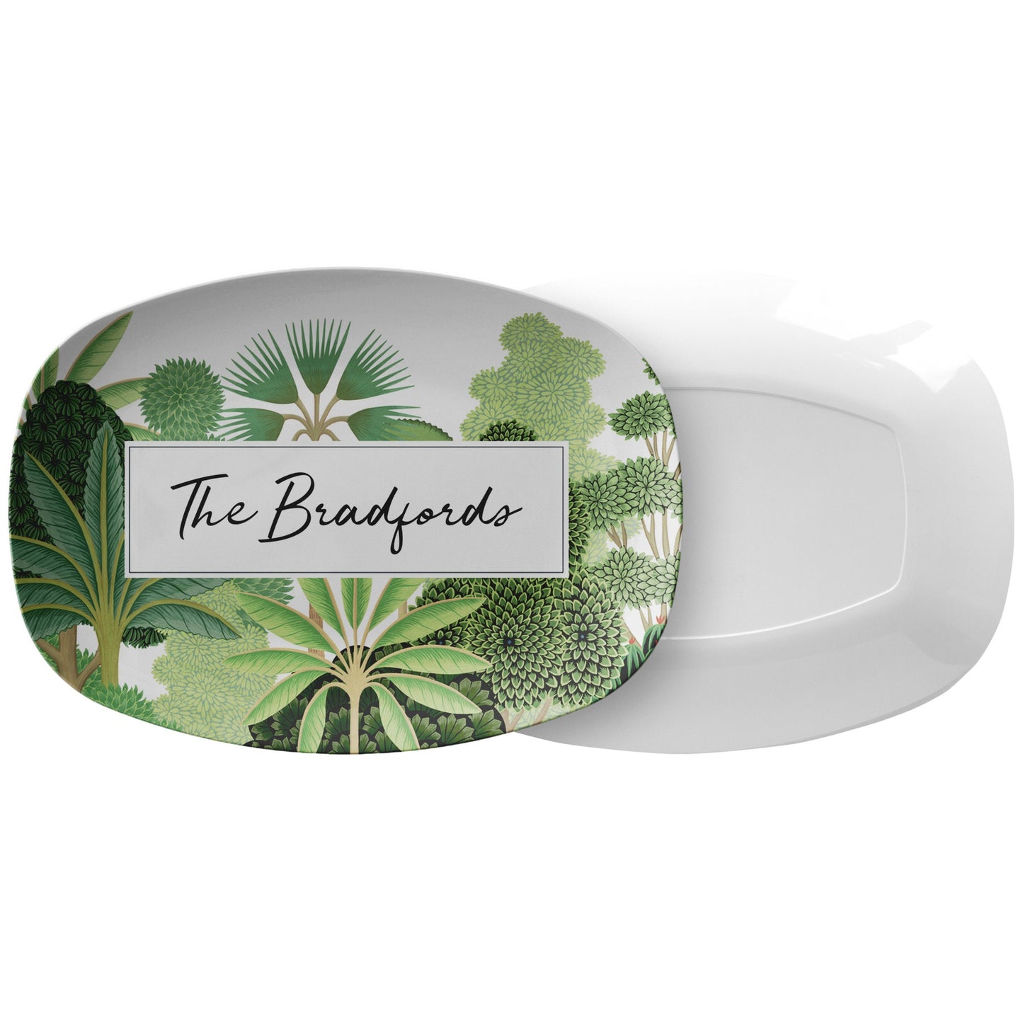 Personalized Serving Platter, Tropical Gardens, White and Green, Luxury Plastic