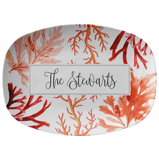 White and red sea coral serving platter can be personalized with any name or word. Beautiful gift idea.