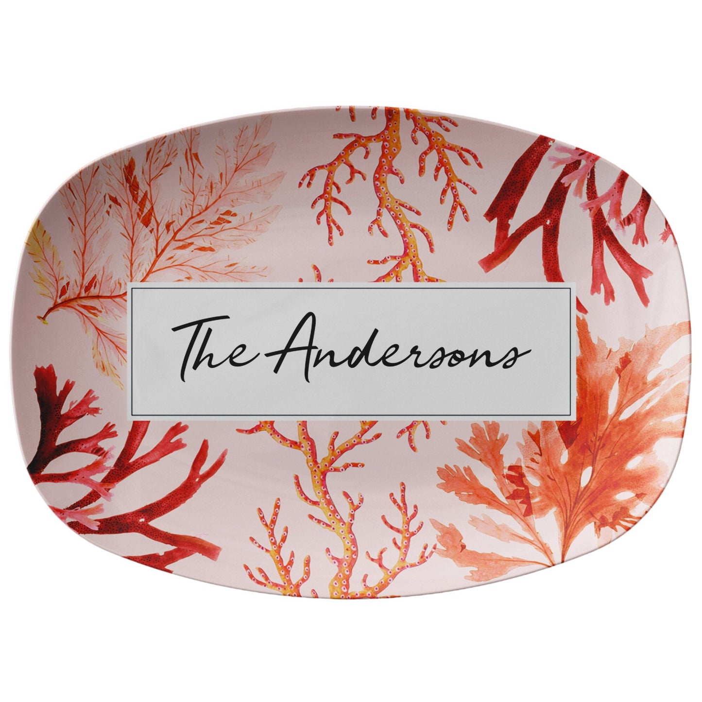 Coral reef inspired serving platter in pink, orange and red personalized with any name or word.