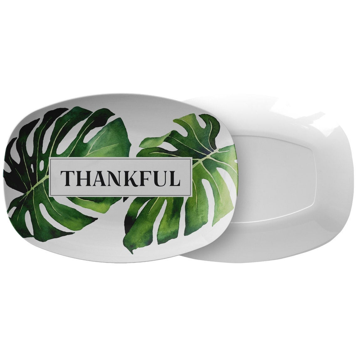 Personalized Serving Platter, Tropical Monstera Leaf, Green and White, Luxury Plastic