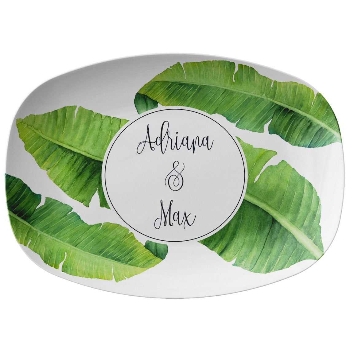 Personalized Serving Platter, Banana Leaf, Green and White, Luxury Plastic