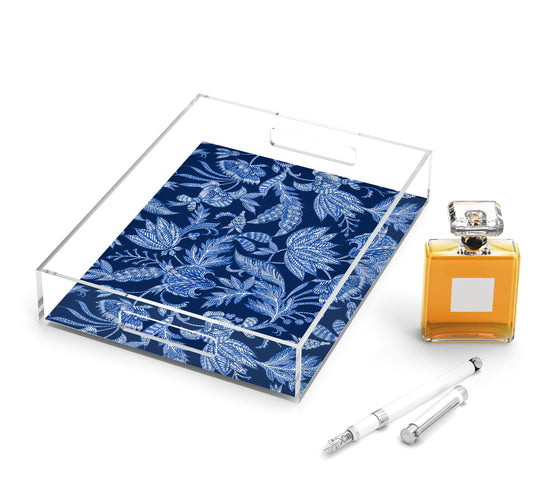Floral Batik Acrylic Tray, Indigo Blue & Navy, 8.5" X 11"