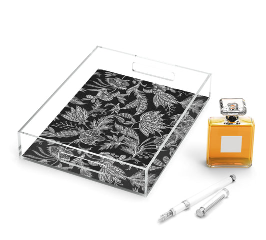 Floral Batik Acrylic Tray, Black & Grey, 8.5" X 11"